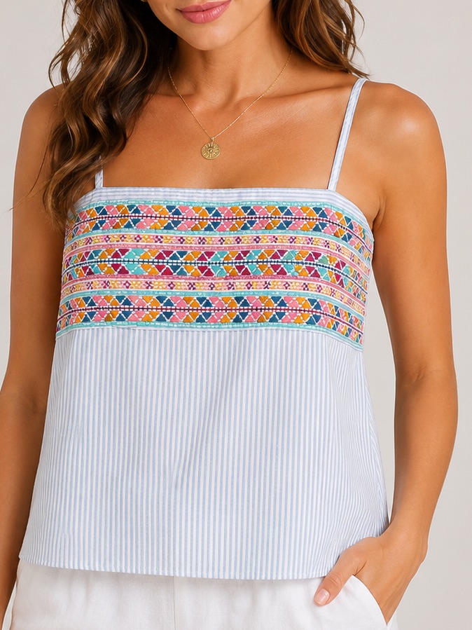 Savanna Jane Embroidered Stripe Babydoll Square Neck Tank Top Large